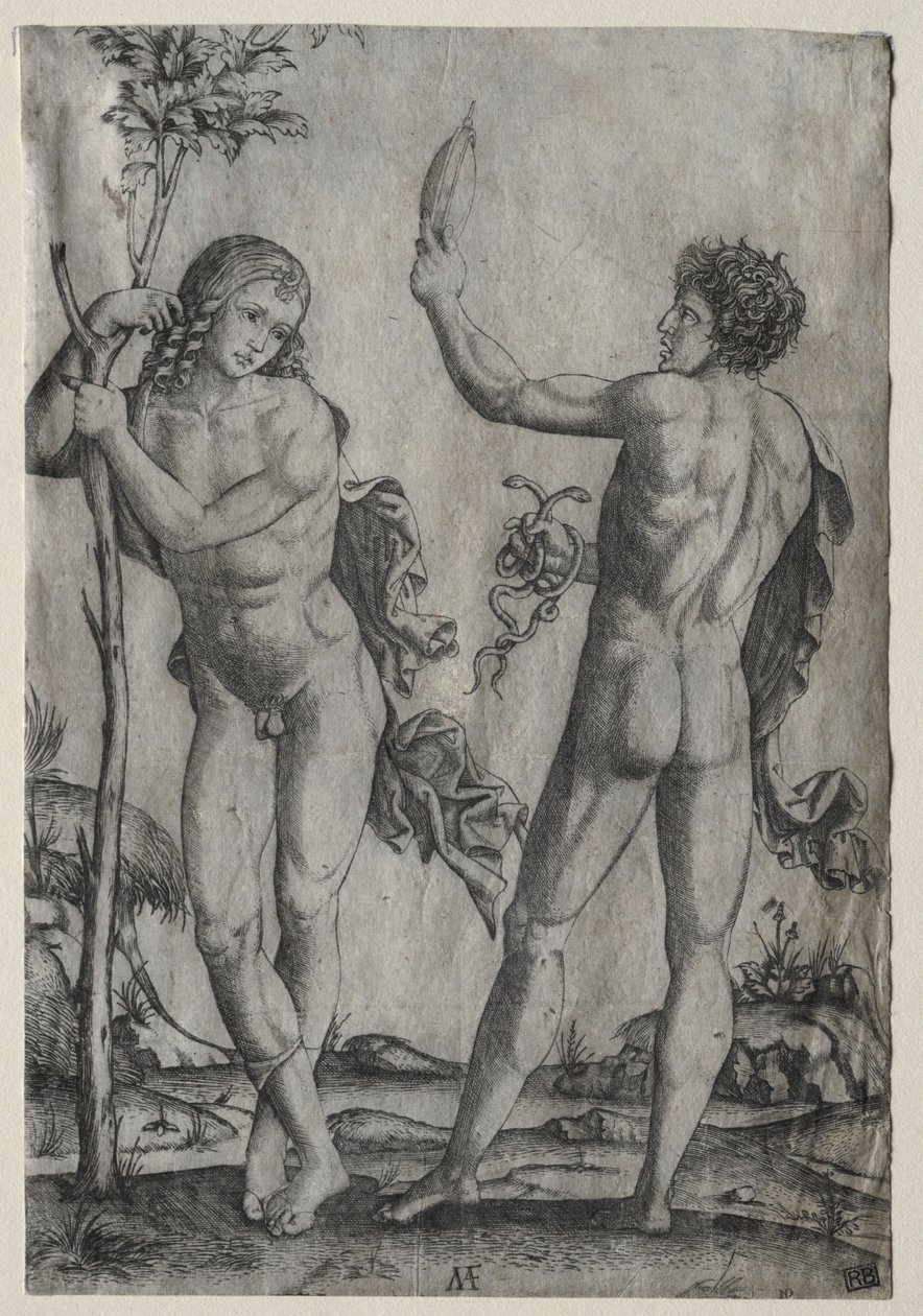 Dois homens nus ao lado de uma árvore. de Marcantonio Raimondi