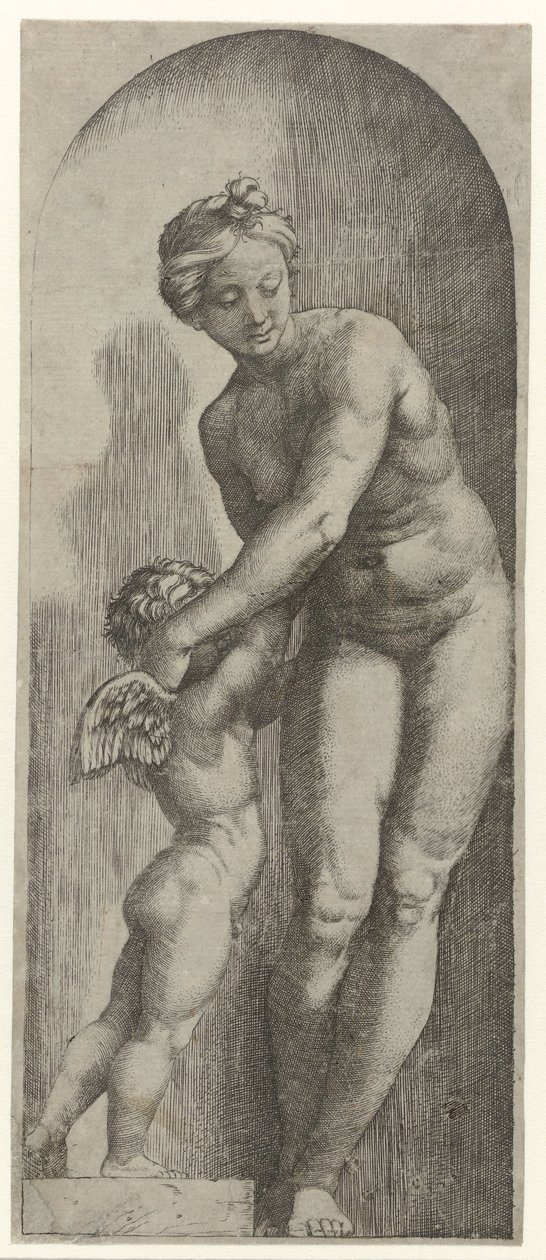 Vénus e Amor de pé na alcova de Marcantonio Raimondi