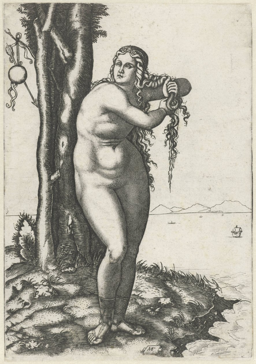 Vênus fica à beira da água e espreme água de seu cabelo Nascimento de Vênus de Marcantonio Raimondi