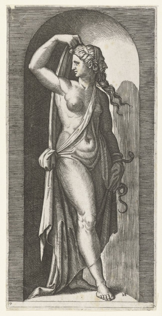 Mulher como personificação de Prudentia com cobra e máscara Sete Virtudes (título da série) de Marcantonio Raimondi