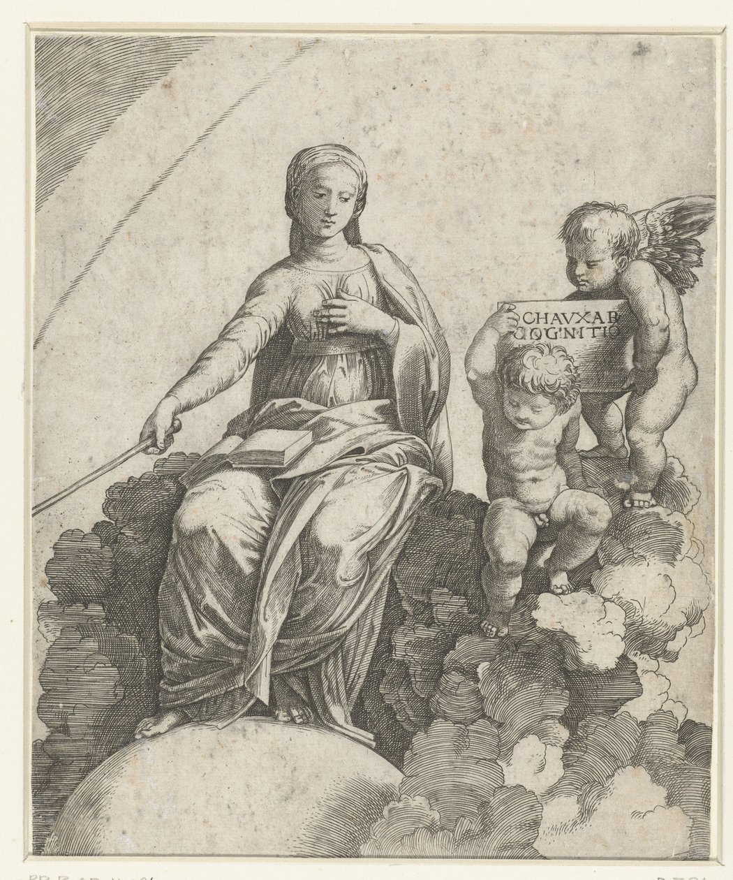 Mulher com livro e ceptro como personificação da Filosofia sentada sobre nuvens e pés descansando sobre o globo com dois putti ao seu lado de Marcantonio Raimondi