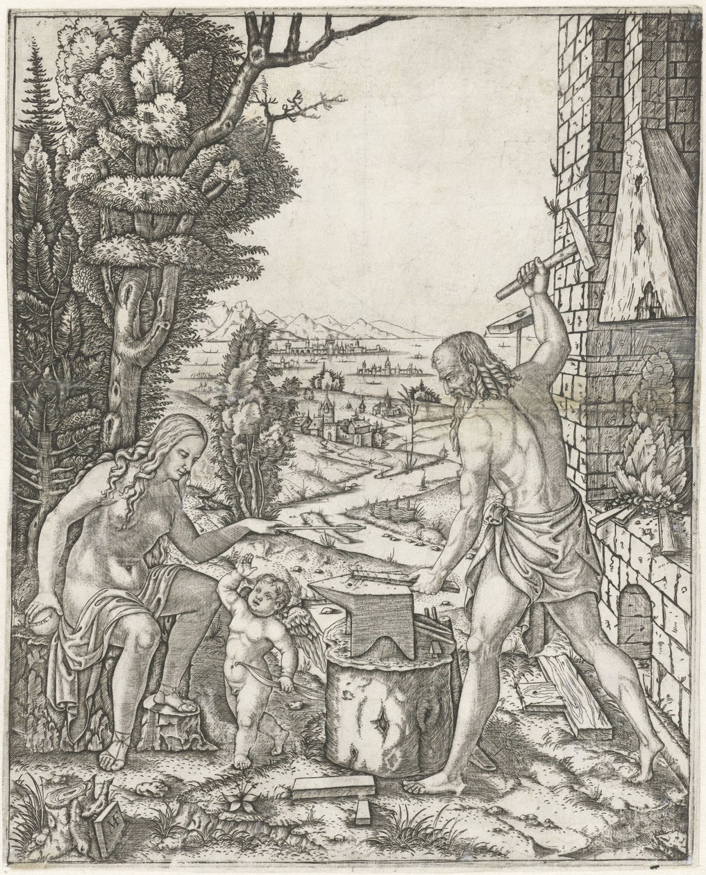 Vulcano forja flechas e asas para Amor na presença de Vênus de Marcantonio Raimondi