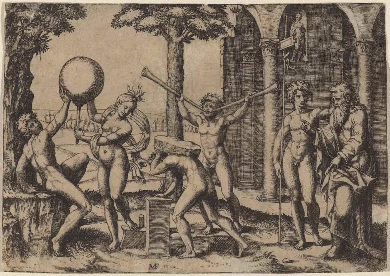 O homem com duas trombetas de Marcantonio Raimondi after Baccio Bandinelli