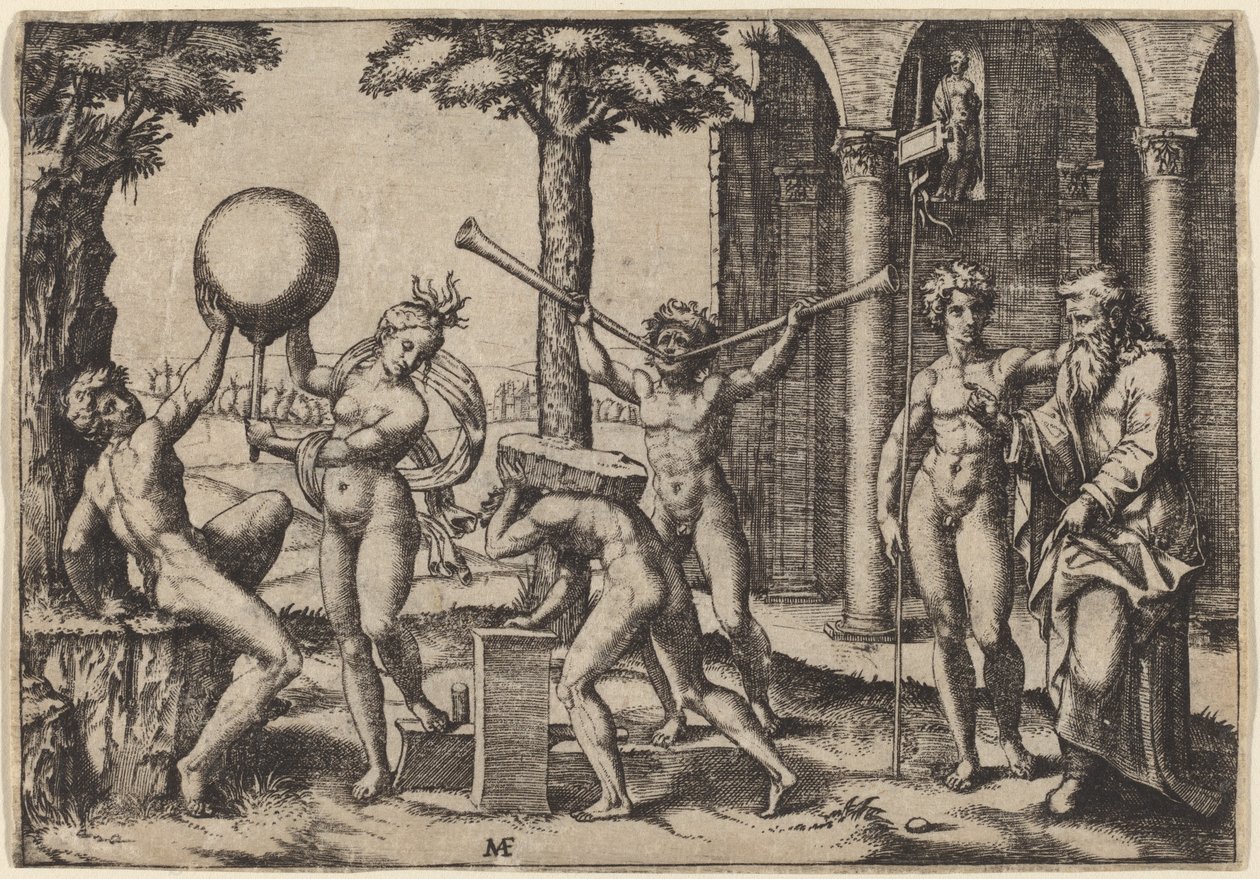 O homem com duas trombetas de Marcantonio Raimondi after Baccio Bandinelli