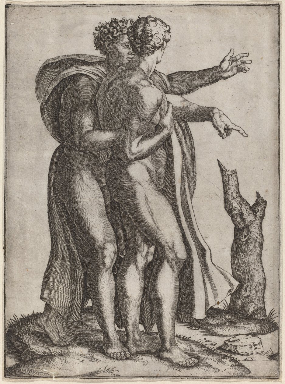 Dois homens nus de Marcantonio Raimondi after Michelangelo
