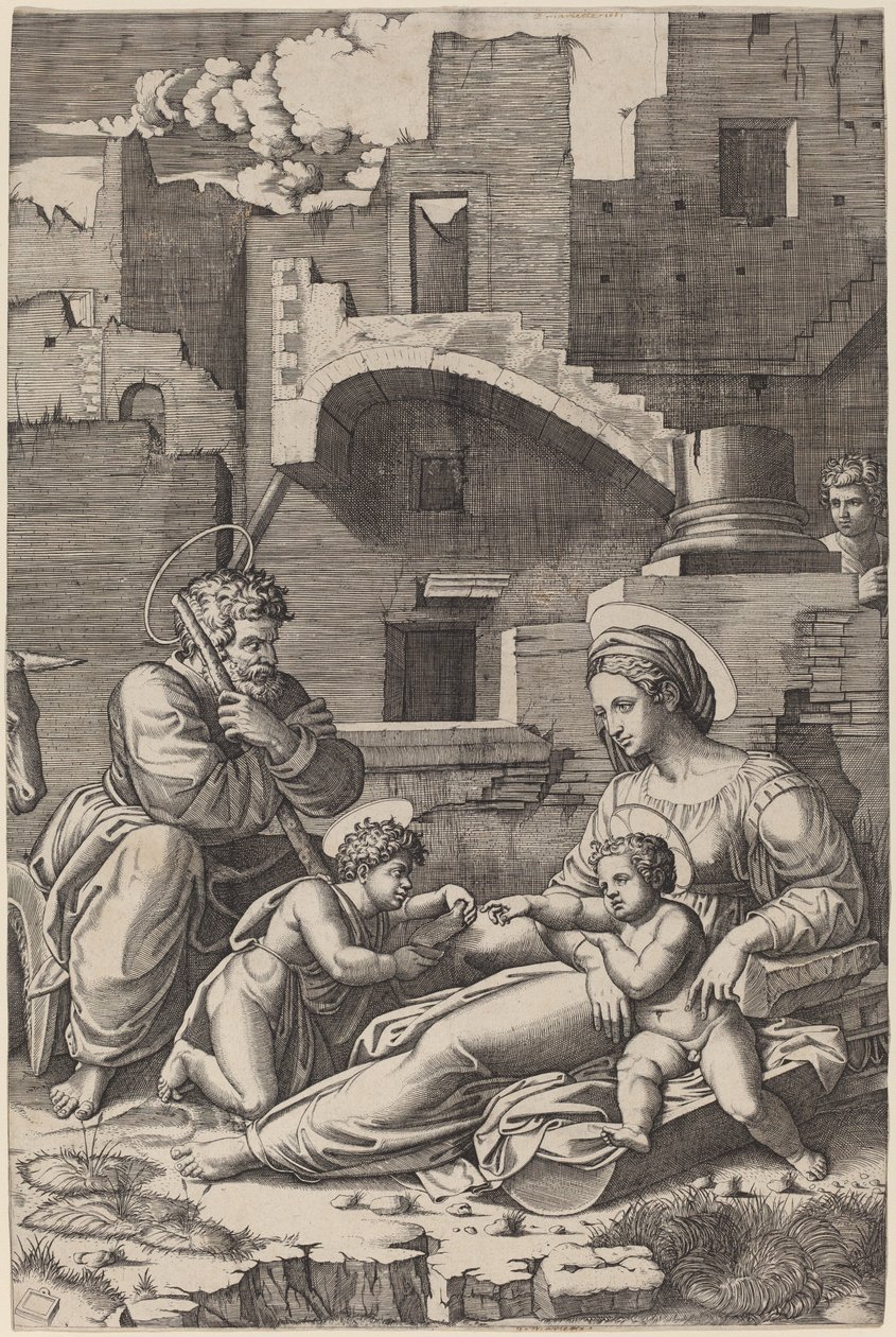 A Sagrada Família com o jovem São João Batista (A Madona da Coxa Longa) de Marcantonio Raimondi after Raphael