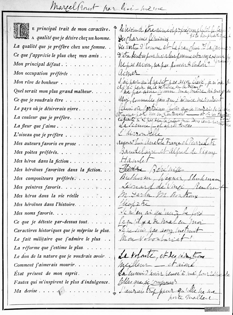 Questionário preenchido por Marcel Proust, 1890 (caneta, tinta e papel impresso) de Marcel Proust