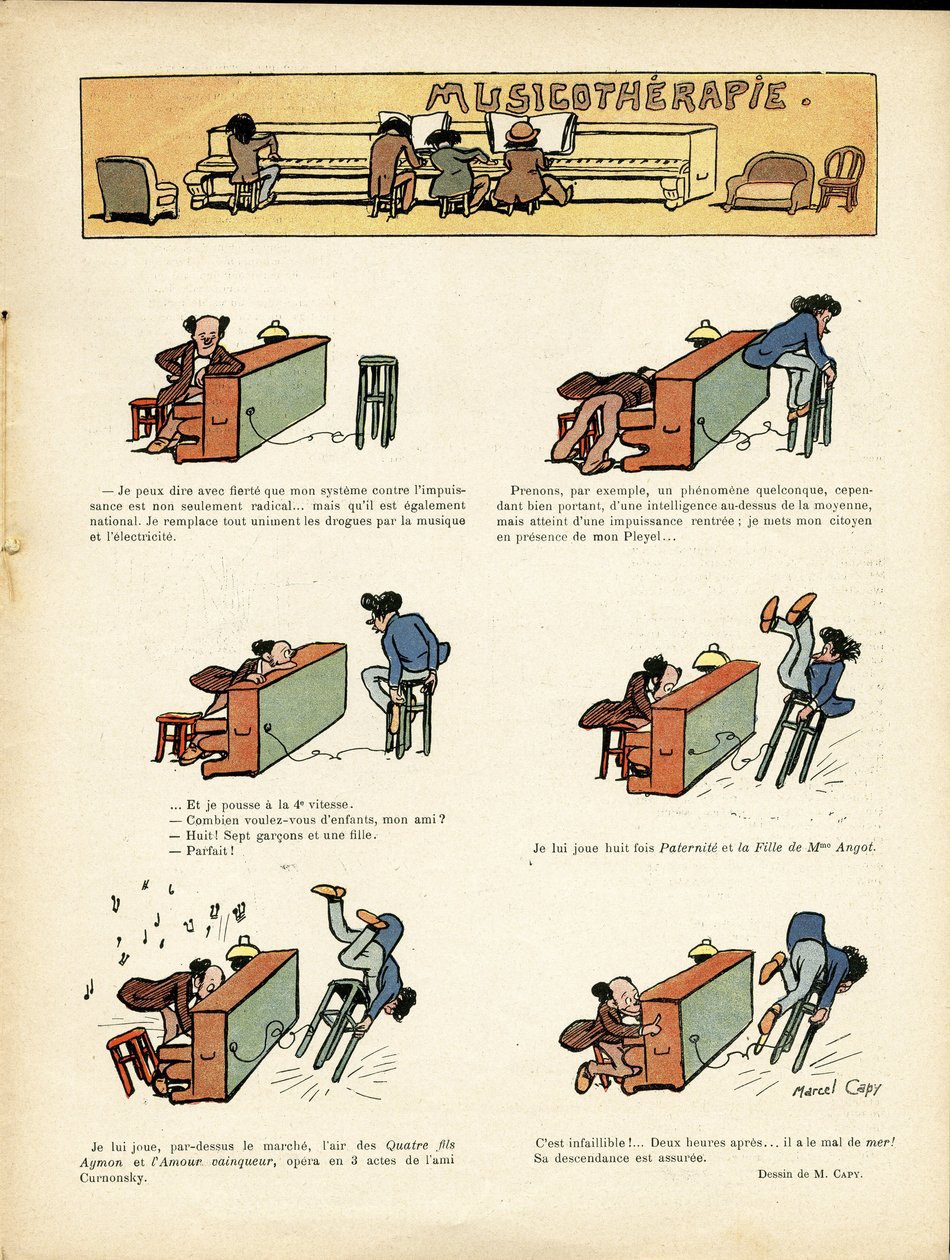 Ilustração de Marcel Capy (1865-1941) em Le Rire, 30/03/12 - Musicotherapie - Música, Piano de Marcel Amable O.L. Capy