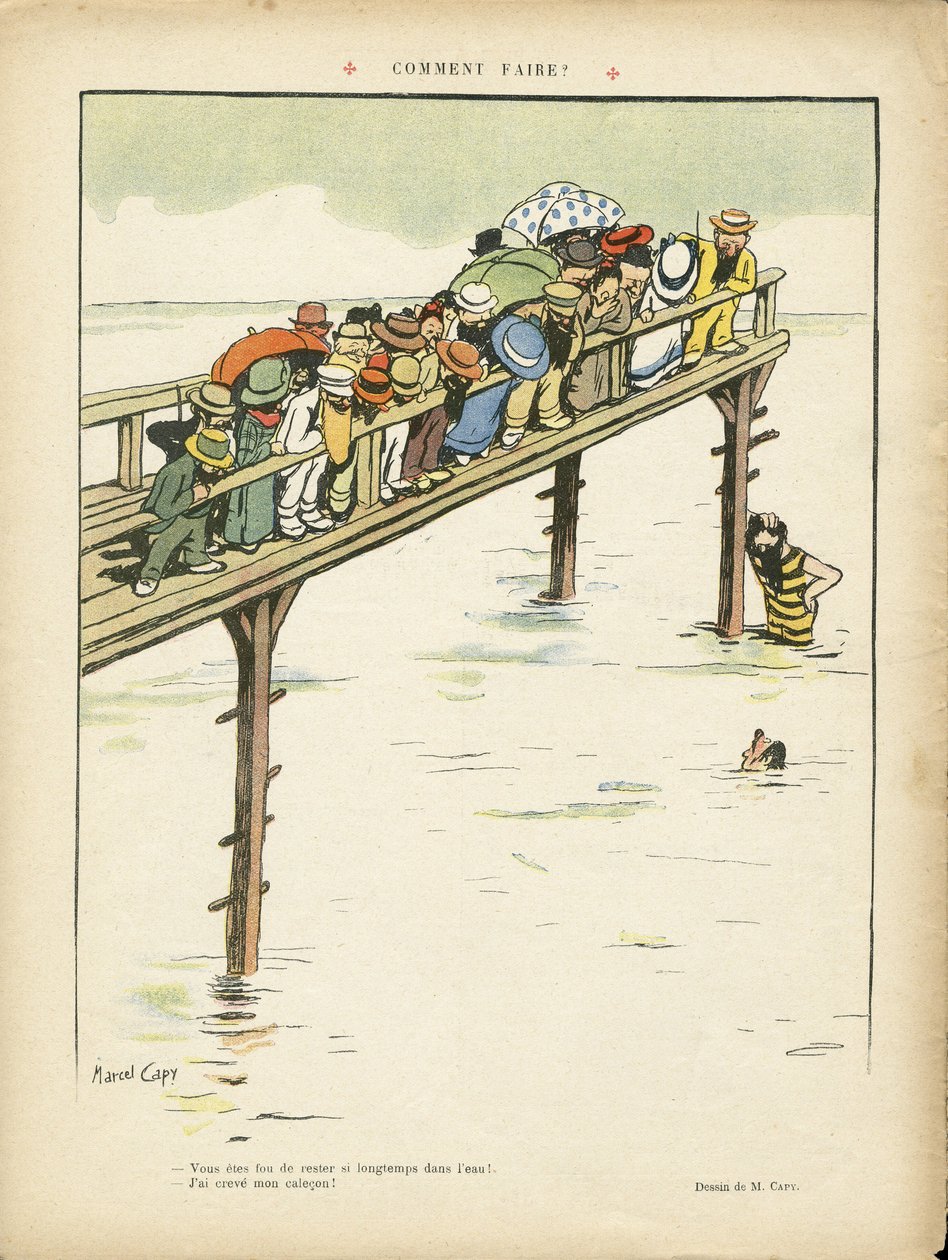 Ilustração de Marcel Capy (1865-1941) em Le Lire, 24/08/12 - Como fazer? - Lazer, Arquitetura Urbanística, Marinha de Mar, Natação, Natação, Multidão de Marcel Amable O.L. Capy