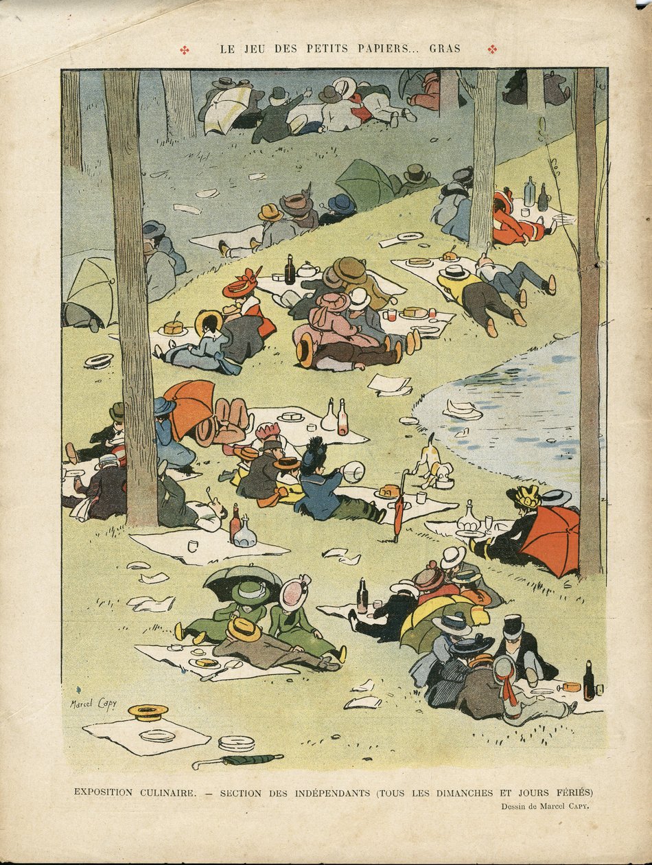 Ilustração de Marcel Capy (1865-1941) em Le Lire, 28/05/10 - Le jeu des petits papiers... gras - Hobbies, Picnic, Cozinheiro Gastronómico de Marcel Amable O.L. Capy