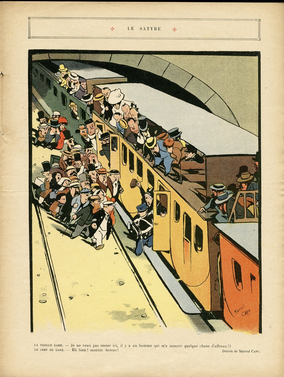 Ilustração de Marcel Capy (1865-1941) em Le Rire, 03/09/10 - O Sentado - Arquitetura Planejamento Urbano, Ferrovia, Ponte de Marcel Amable O.L. Capy