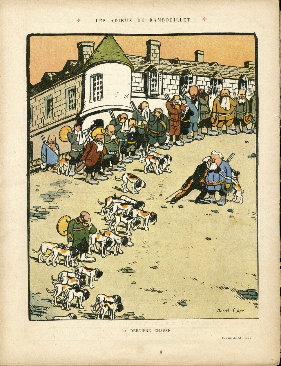 Ilustração de Marcel Capy (1865-1941) em Le Rire, 22/02/13 - Les farewell de Rambouillet - Caçador de caça, Presidente da República, Rambouillet - Fallieres Armand (1841-1931) de Marcel Amable O.L. Capy