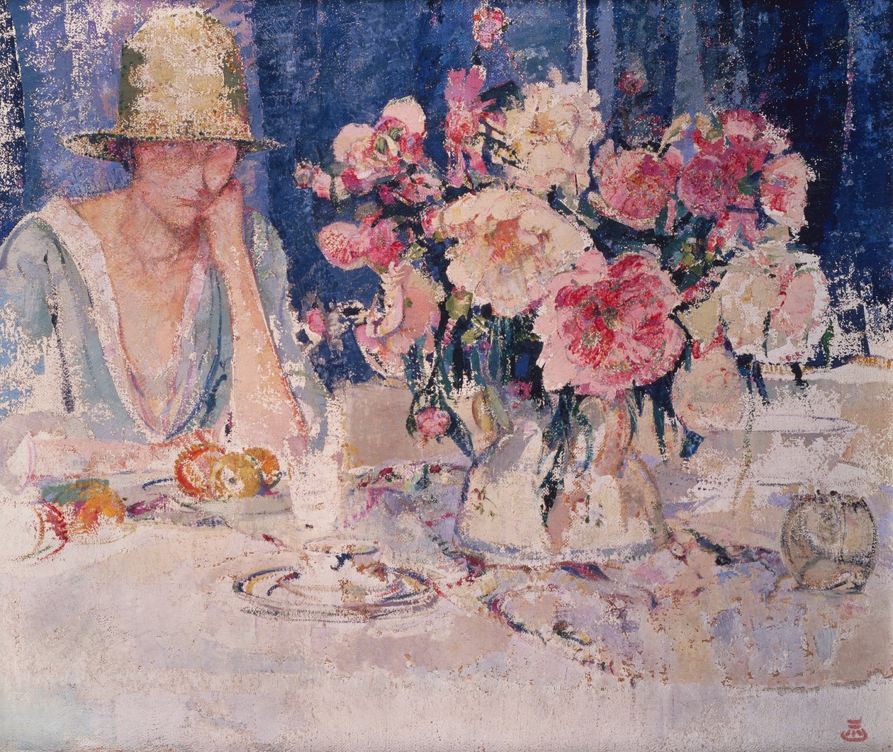 Mulher à Mesa Carregada com Flores (óleo sobre tela) de Marcel Jefferys