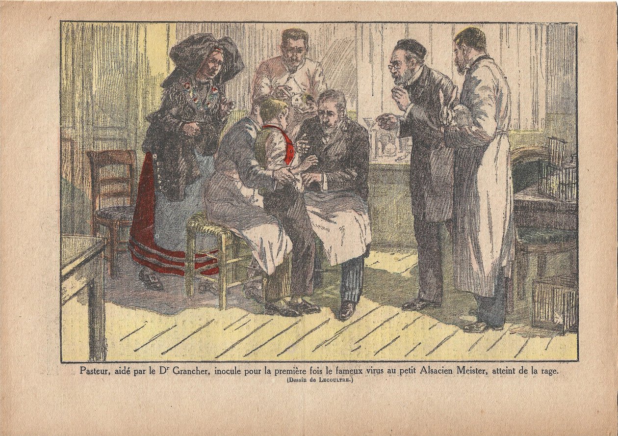 Pasteur, assistido pelo Dr. Grancher, inoculou o famoso vírus pela primeira vez no pequeno mestre alsaciano, infectado com raiva, Le Pèlerin, 5/11/1922 (impresso) de Marcel Lecoultre