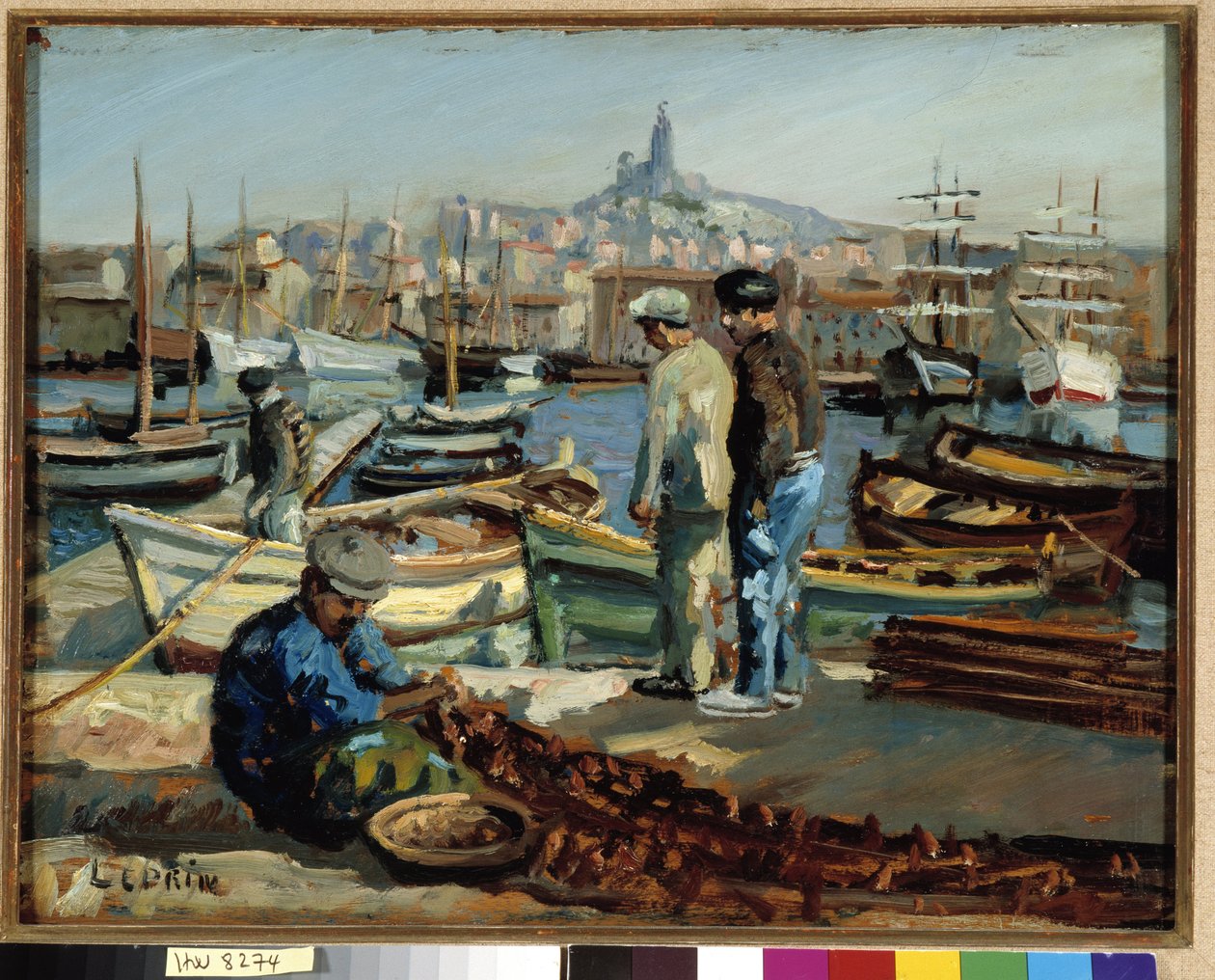 Pescadores no cais do porto de Marselha Pintura de Marcel Leprin (1891-1933) Menção obrigatória: Colecção fundação a respeito de Provence, Marselha de Marcel Leprin