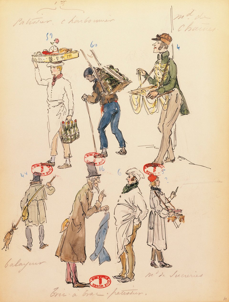 França, Paris, Esboço de figurino para figurantes na ópera La boheme de Giacomo Puccini (1858-1924), actuação na Paris Opera Comique, 13 de Junho de Marcel Multzer