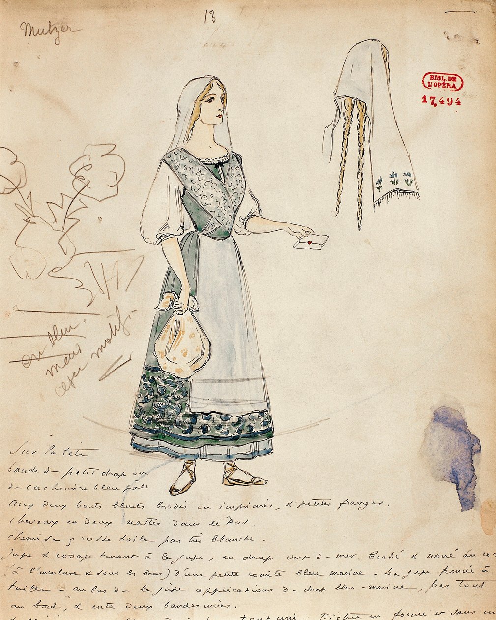 França, Paris, Esboço do traje de Michaela para Carmen de Georges Bizet de Marcel Multzer
