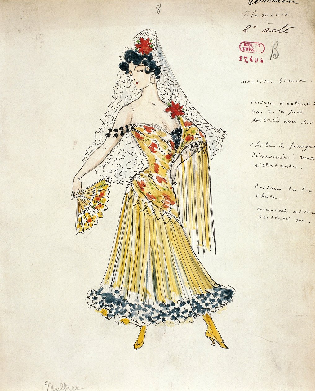 França, Paris, Esboço de traje para dançarinos de flamenco para Carmen por Georges Bizet de Marcel Multzer