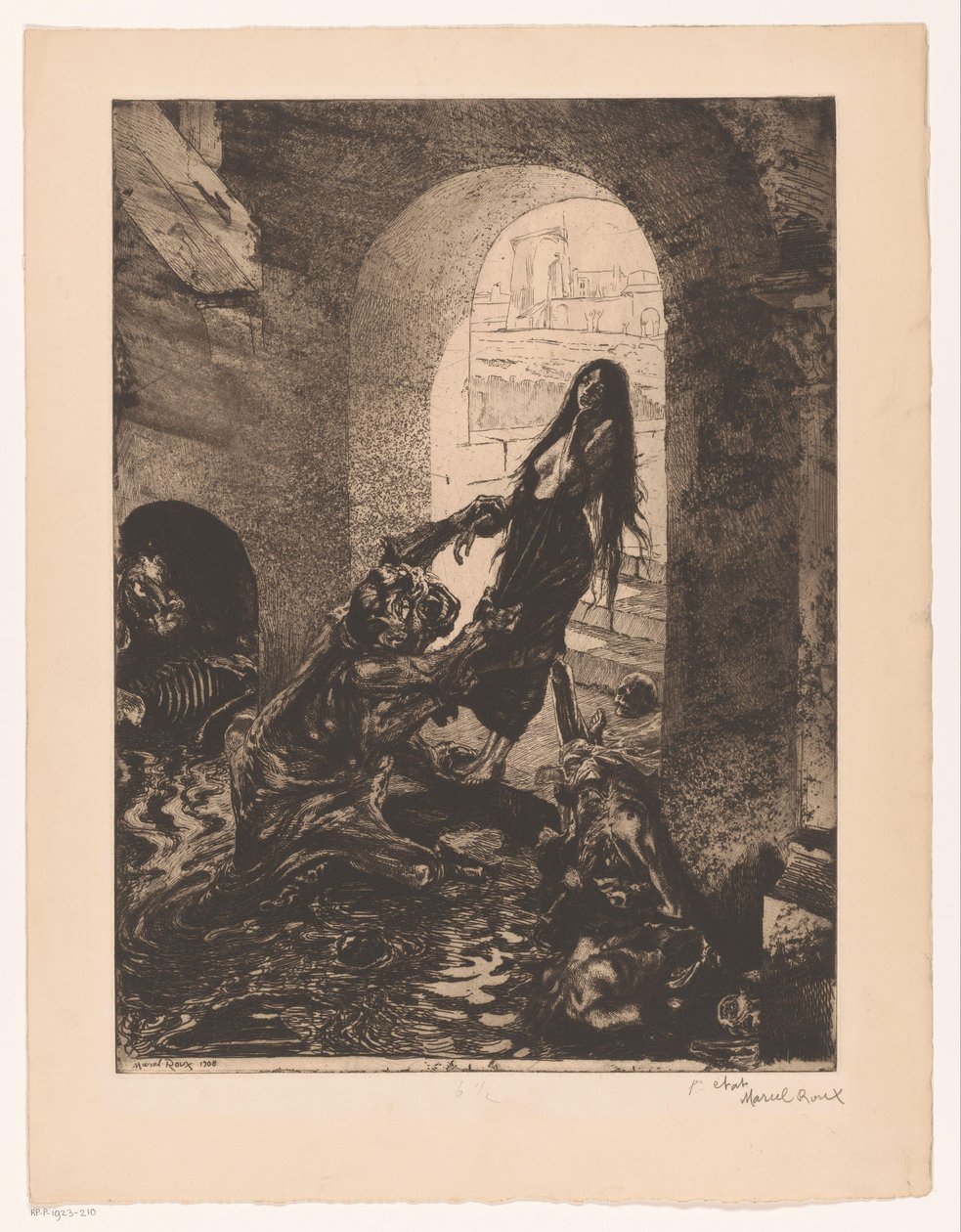 Monstro agarra uma mulher parada na porta Offrande a Moloch (título no objeto) Garota do prazer (título da série) Fille de Joie (título da série no objeto) de Marcel Roux (signed by artist)