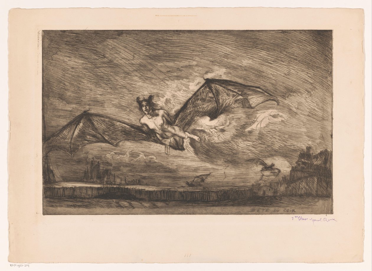 Paisagem nocturna com criaturas semelhantes a morcegos
Bête du soir (título sobre o objecto) de Marcel Roux (signed by artist)