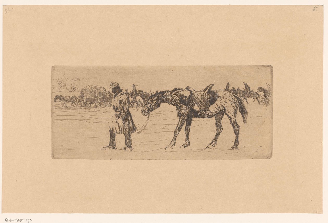 Paisagem de neve com procissão de soldados e cavalos de Marcel Roux