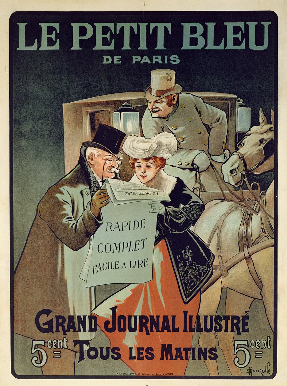 Cartaz francês anunciando o jornal &39;Le Petit Bleu de Paris&39; de Marcelin Auzolle