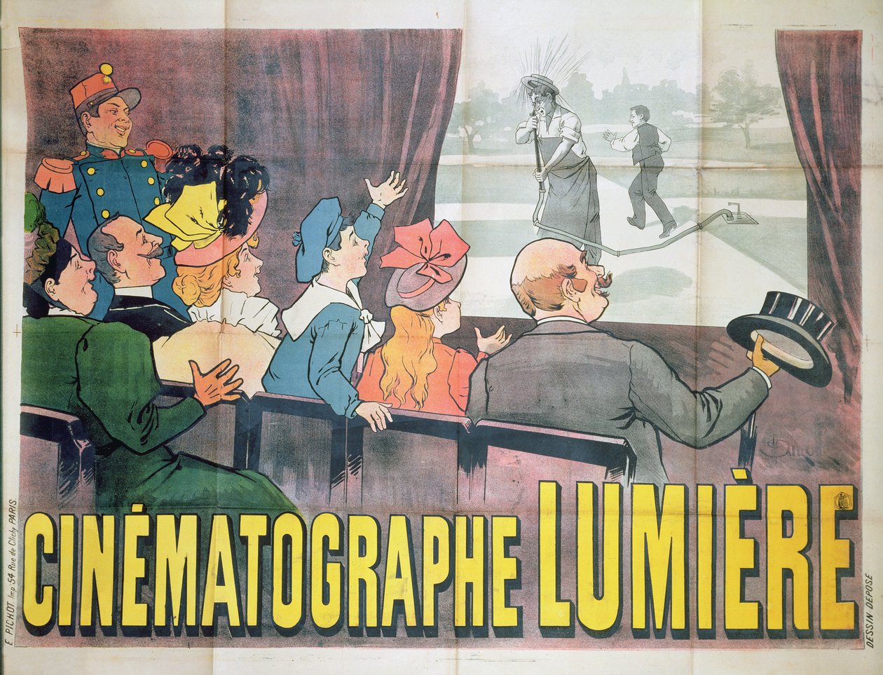 "The Waterer Watered", cartaz publicitário Cinematographe Lumiere, 1896 de Marcelin Auzolle