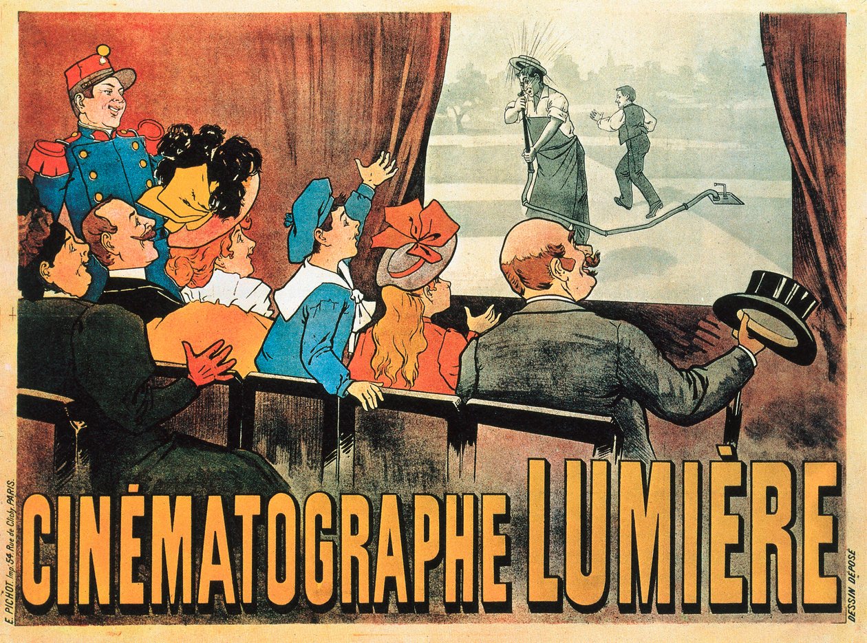 "The Waterer Watered", cartaz publicitário Cinematographe Lumiere, 1896 de Marcelin Auzolle