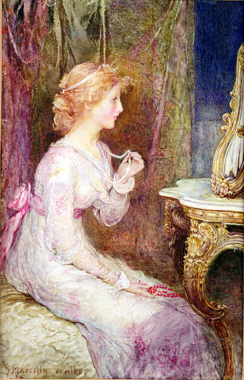 O Colar de Pérolas (aquarela sobre pergaminho) de Marcella M. Walker