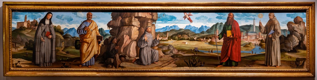 São Francisco recebe os estigmas entre Santa Clara e Pedro, o abençoado Bartolomeu de Breganze, e São Paulo e Bernardino de Marcello Fogolino
