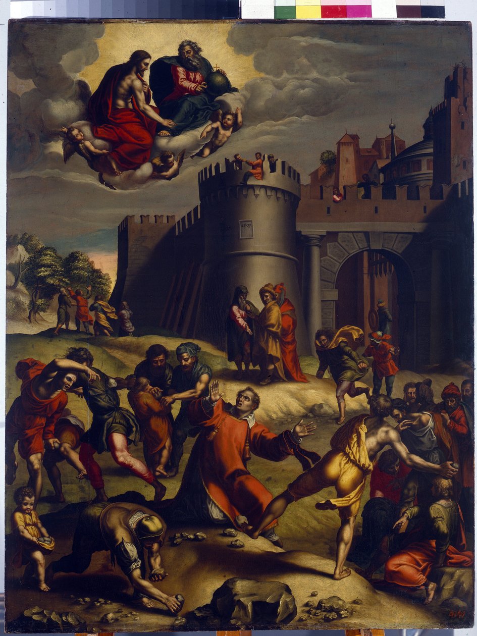 O Martírio de Santo Estêvão. (O Martírio de Santo Estêvão). O primeiro diácono da igreja cristã, Estêvão (martirizado em 35), foi apedrejado fora da cidade de Jerusalém e, durante a sua tortura, testemunhou um milagre, apareceu Deus e Jesus Cristo, por de Marcello Venusti