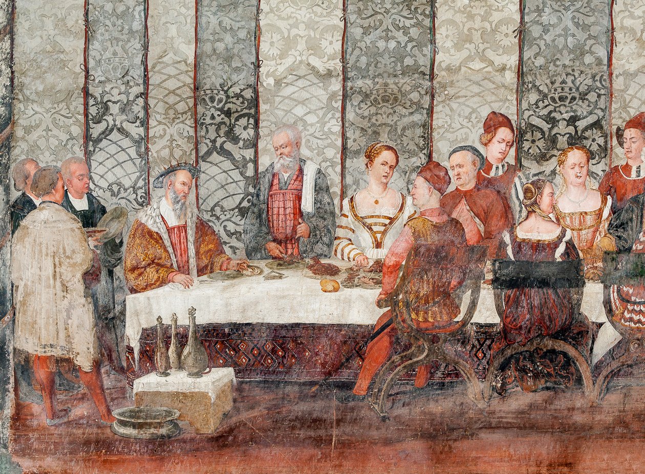 Banquete, detalhe da visita de Christian I da Dinamarca a Bartolomeo Colleoni, Salão de Honra de Marcello or Romani Girolamo (Romanino) (c.1485 c.1566) (attr.to) Fogolino