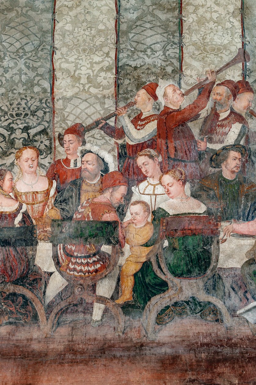 Banquete, detalhe da visita de Christian I da Dinamarca a Bartolomeo Colleoni, Salão de Honra de Marcello or Romani Girolamo (Romanino) (c.1485 c.1566) (attr.to) Fogolino