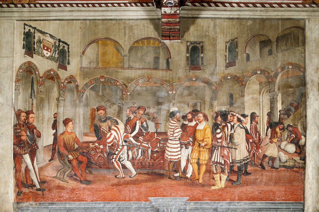 Cena de caça, detalhe da visita de Christian I da Dinamarca a Bartolomeo Colleoni, Salão de Honra de Marcello or Romani Girolamo (Romanino) (c.1485 c.1566) (attr.to) Fogolino