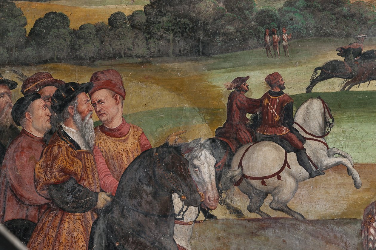 Cena de caça, detalhe da visita de Christian I da Dinamarca a Bartolomeo Colleoni, Salão de Honra de Marcello or Romani Girolamo (Romanino) (c.1485 c.1566) (attr.to) Fogolino