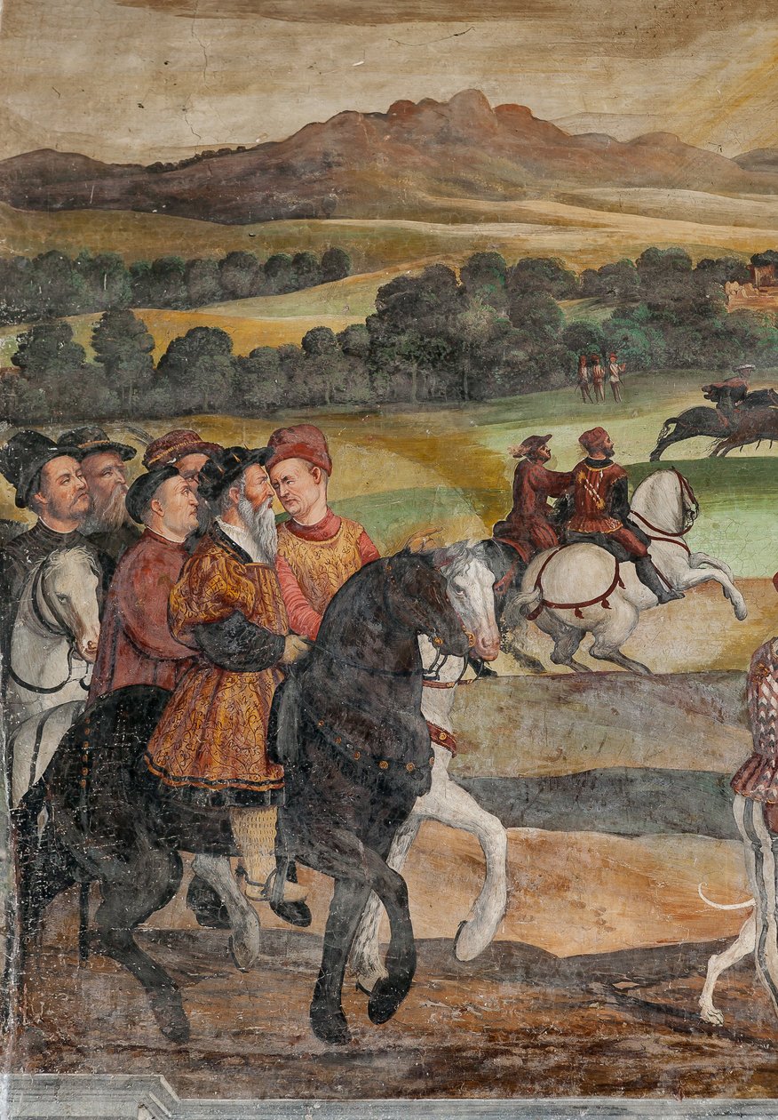 Cena de caça, detalhe da visita de Christian I da Dinamarca a Bartolomeo Colleoni, Salão de Honra de Marcello or Romani Girolamo (Romanino) (c.1485 c.1566) (attr.to) Fogolino