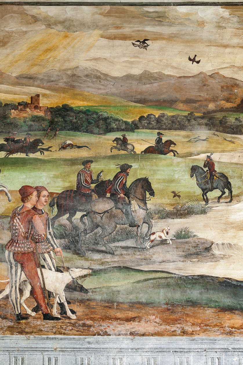 Cena de caça, detalhe da visita de Christian I da Dinamarca a Bartolomeo Colleoni, Hall of Honor de Marcello or Romani Girolamo (Romanino) (c.1485 c.1566) (attr.to) Fogolino