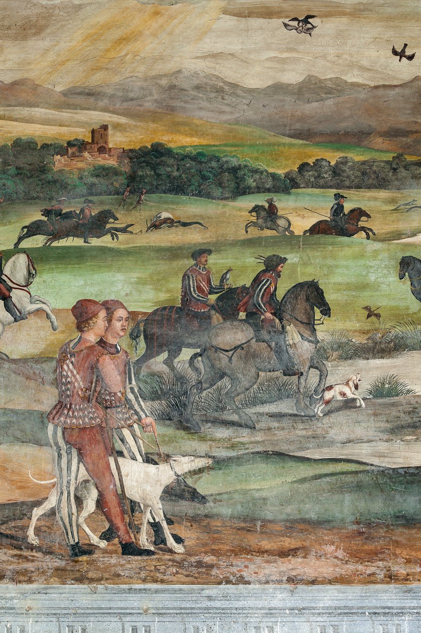 Cena de caça, detalhe da visita de Christian I da Dinamarca a Bartolomeo Colleoni, Salão de Honra de Marcello or Romani Girolamo (Romanino) (c.1485 c.1566) (attr.to) Fogolino