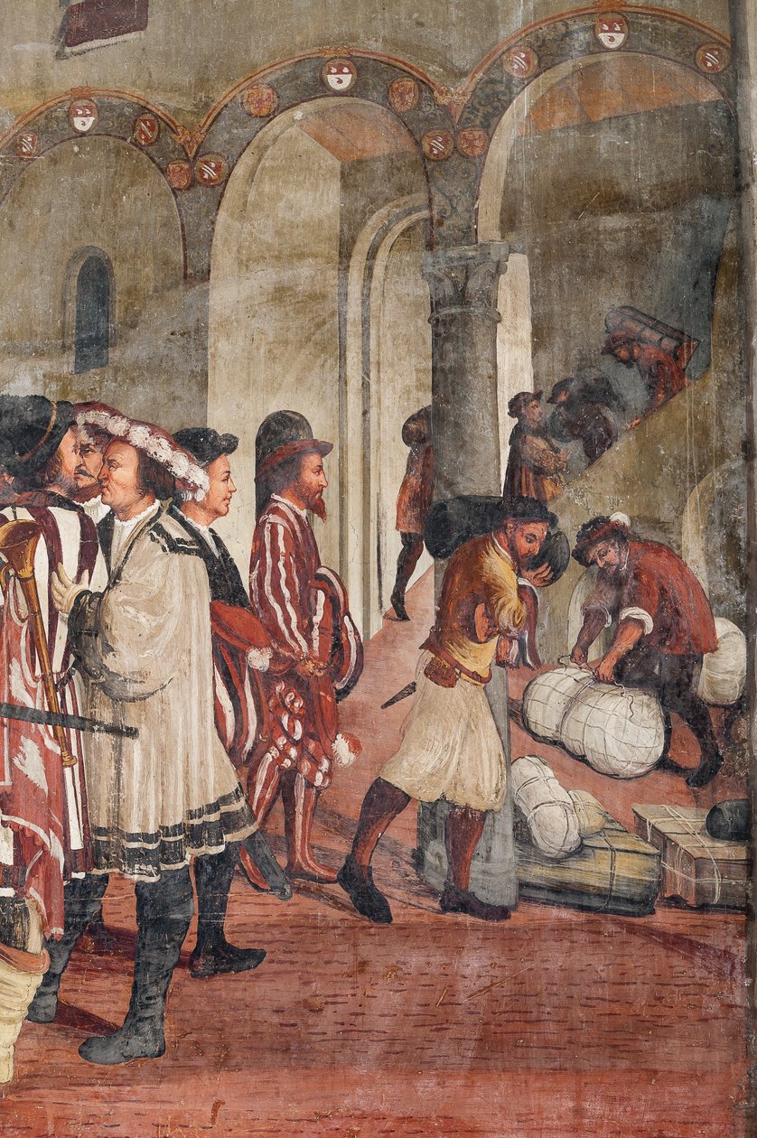 Cena de caça, detalhe da visita de Christian I da Dinamarca a Bartolomeo Colleoni, Salão de Honra de Marcello or Romani Girolamo (Romanino) (c.1485 c.1566) (attr.to) Fogolino