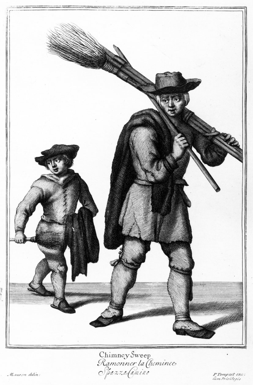 Varredura de chaminé, ilustração de &39;The Cryes of London&39; por Pierce Tempest, publicado c.1688 de Marcellus or Marcel Lauron