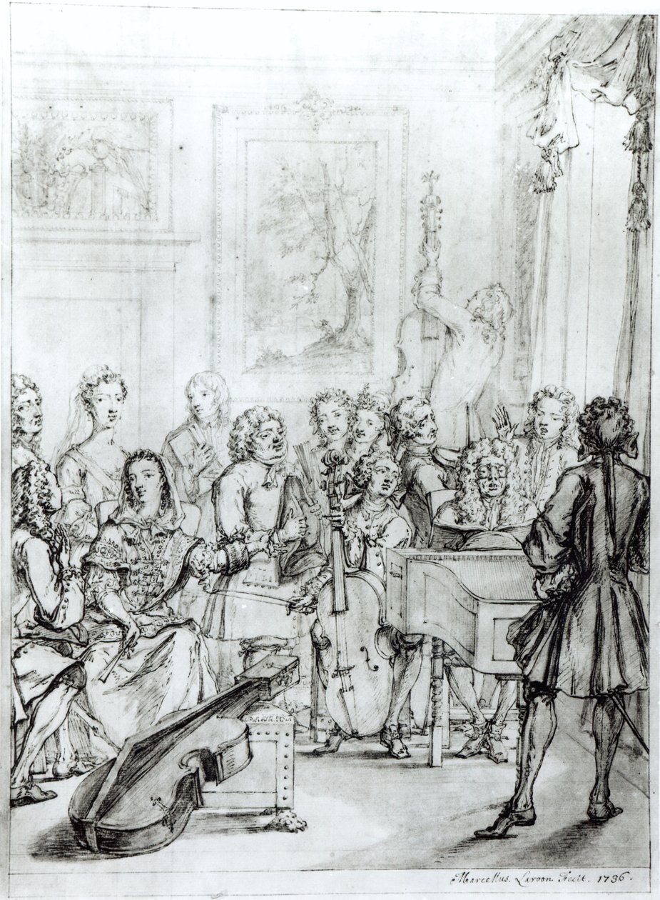 Concerto em Montague House, 1736 (caneta e tinta sobre lápis sobre papel) de Marcellus the Younger Laroon
