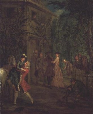 Figuras elegantes no exterior de uma casa de Marcellus the Younger Laroon