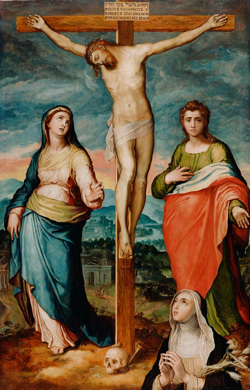 Cristo na cruz com santos Maria, João Evangelista e Catarina de Siena, c.1570 de Marco Pino