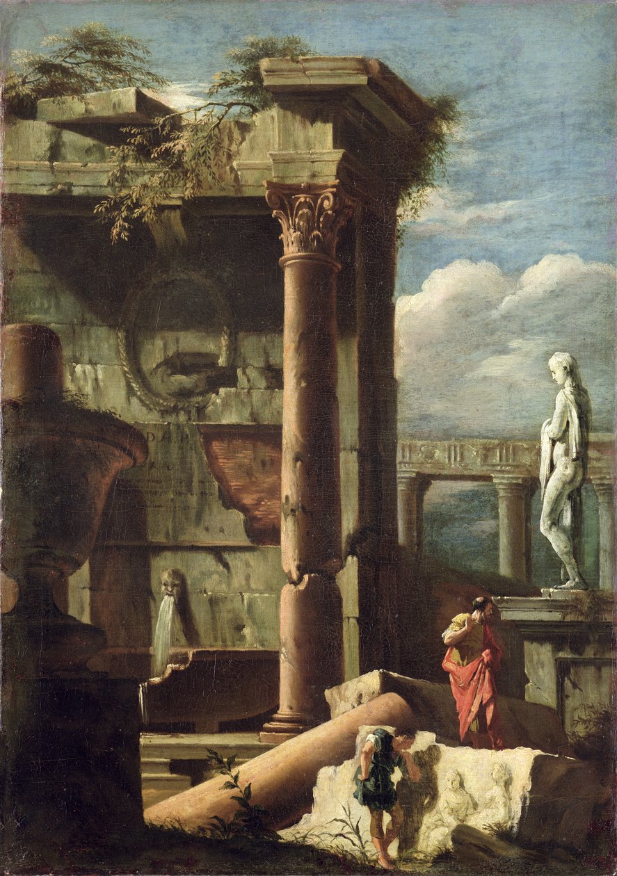 Edifício antigo com uma estátua e figuras decorativas, 1720-25 de Marco Ricci