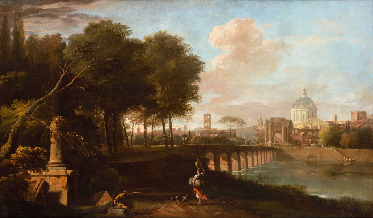 Paisagem Clássica, com a cúpula de Wren do Rei Charles Court, Greenwich Hospital (hoje o Royal Naval College, Greenwich), c.1710 de Marco Ricci