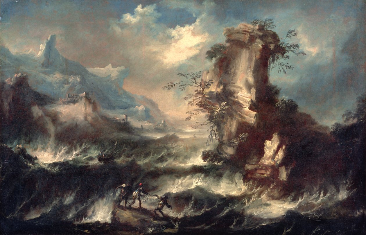 Seascape italiano com pedras e figuras de Marco Ricci