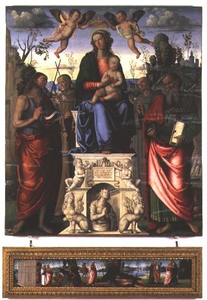 Madonna e Criança com São João Batista, São Bernardino de Siena e São Jerônimo (painel) de Marco (attr. to) Meloni