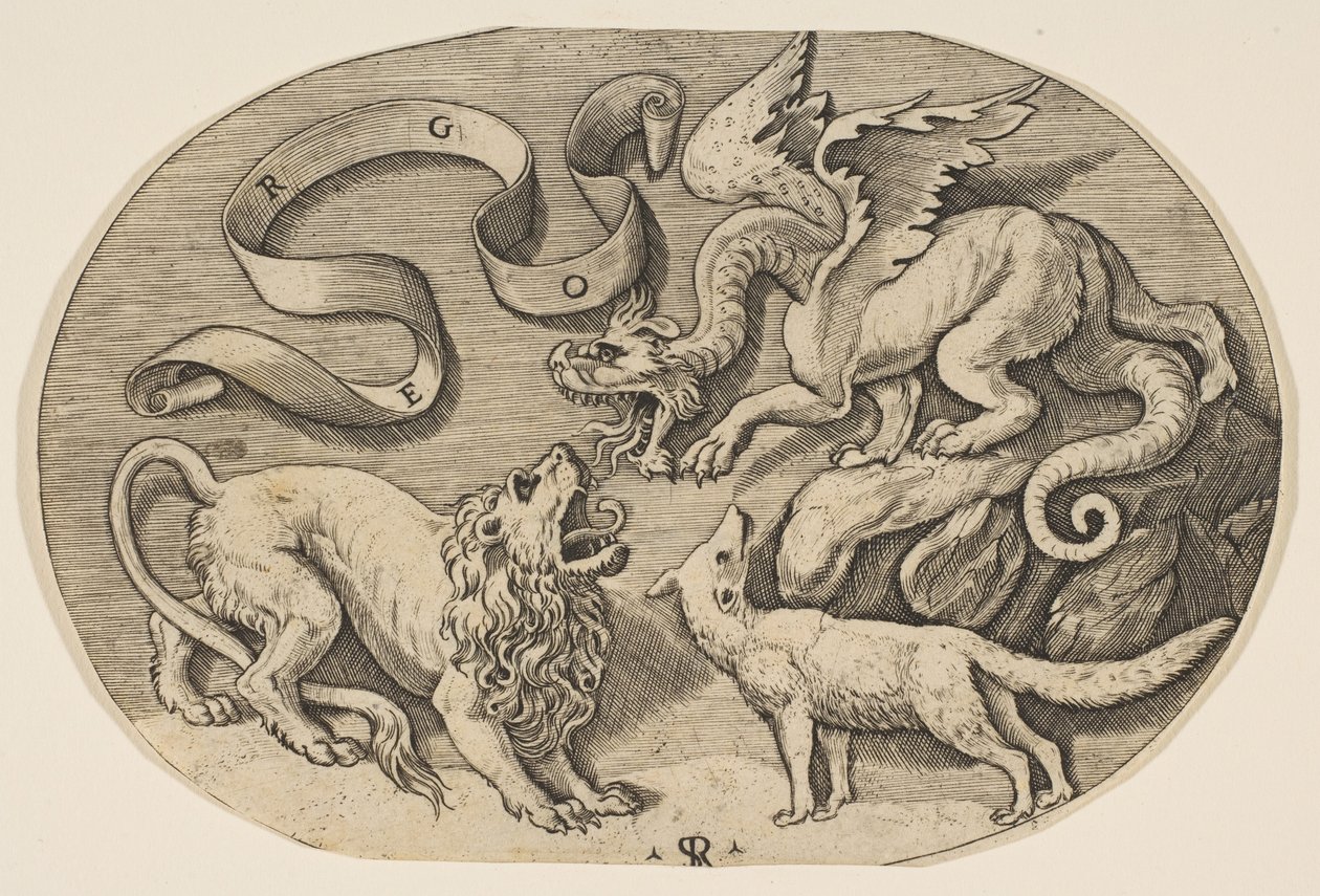 Um leão, dragão e raposa lutando entre si, uma banderola inscrita acima, um oval c ..., ca. 1515-27. de Marco Dente