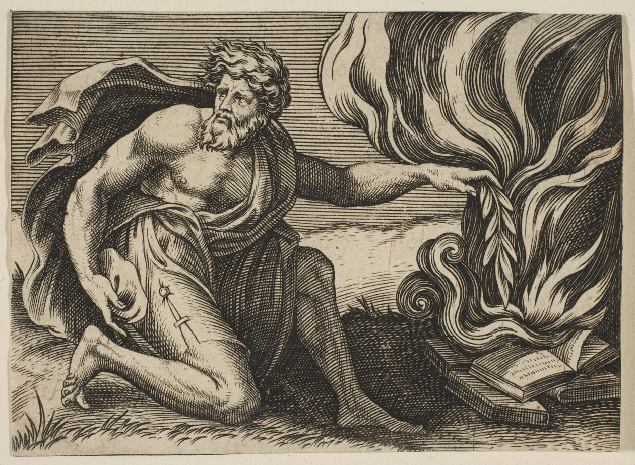 Um homem ajoelhado e colocando um galho de louro sobre uma pilha de livros em chamas, ca. 1515-27. de Marco Dente