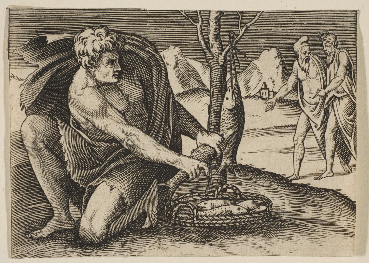 Um homem ajoelhado ao lado de um cesto de peixes e tomando um com as duas mãos, dois homens em ..., ca. 1515-27. de Marco Dente